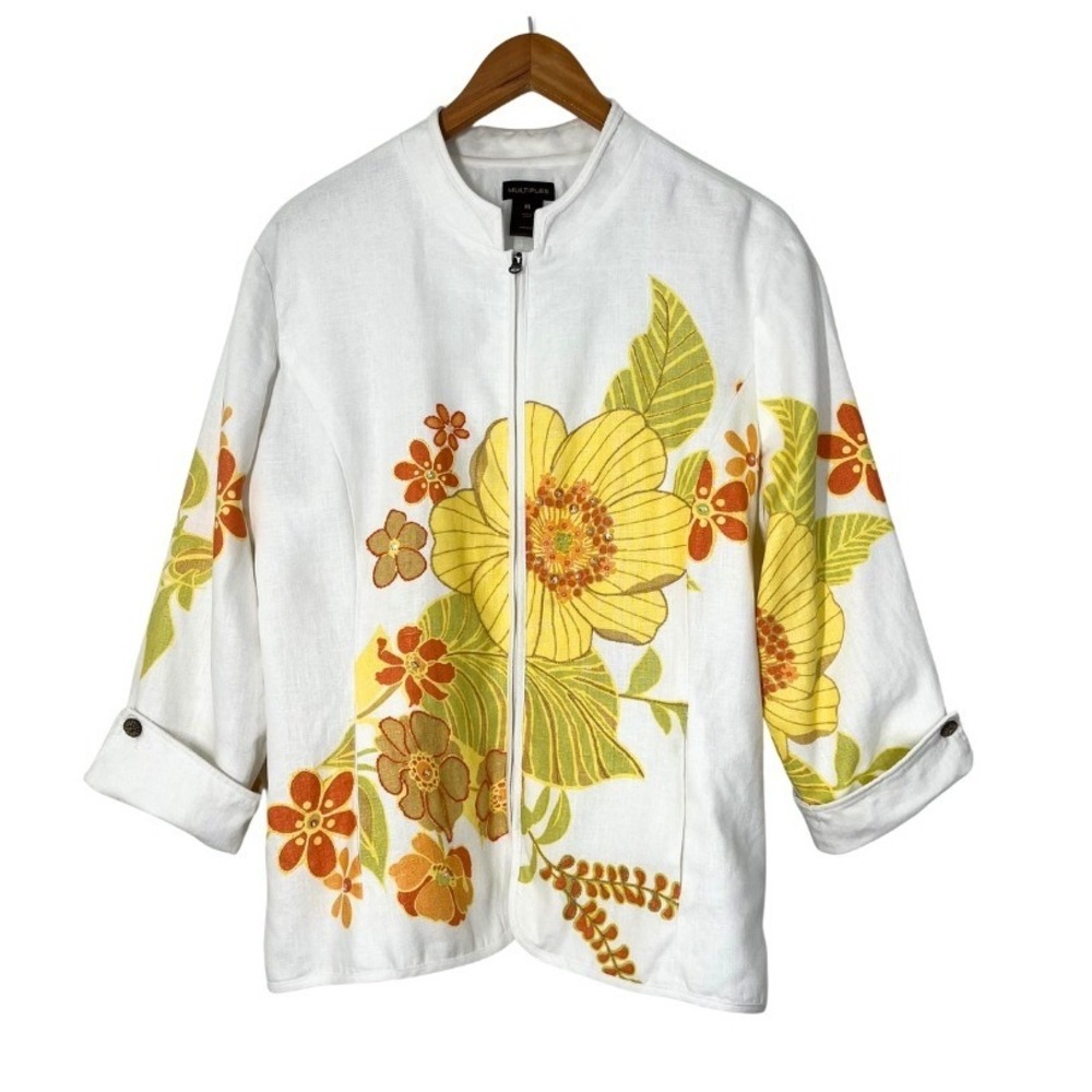 Multiples Womens XL White Linen Zip Up Jacket Embroidered Beaded 3/4 Sleeve